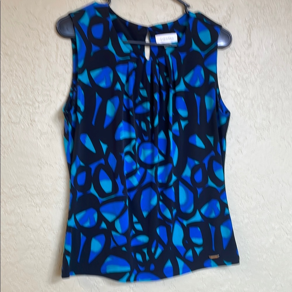 Calvin Klein Blue Graphic Fitted Sleeveless Blouse
